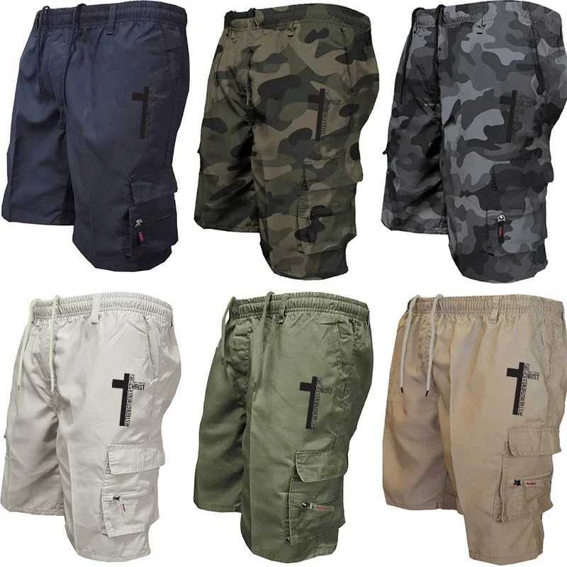 Summer Men Cargo Shorts Elastic Waist Drawstring Pockets Tactical Casual Solid Camo Army Print Short Pants Fit Fabric W250705