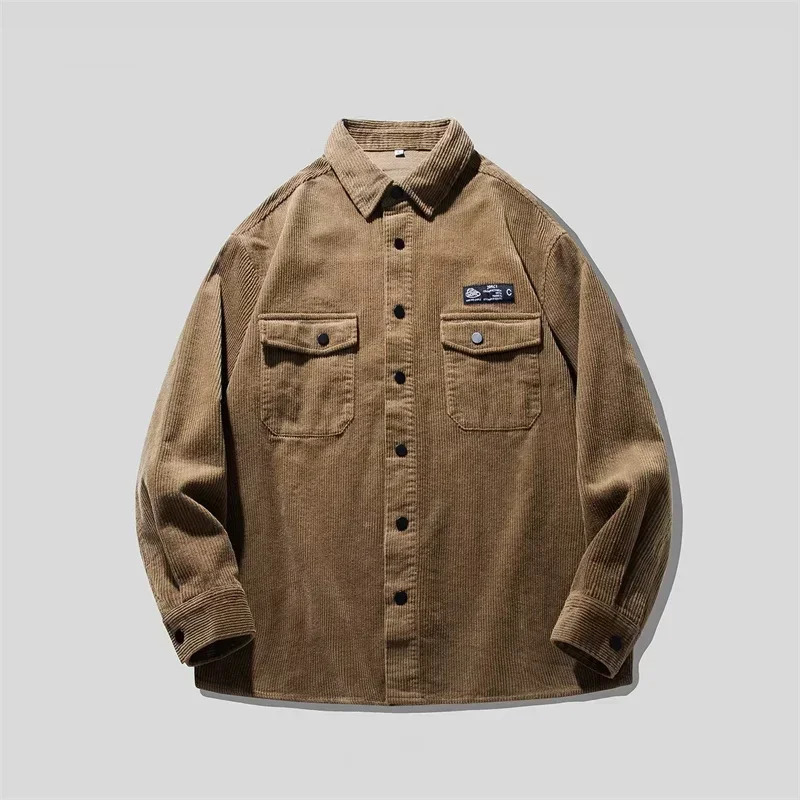 Autumn Long Sleeve Corduroy Shirts Mens Korean Fashion Y2K Vintage Casual Baggy Blouses Appliques Streetwear Cargo Shirt 250704