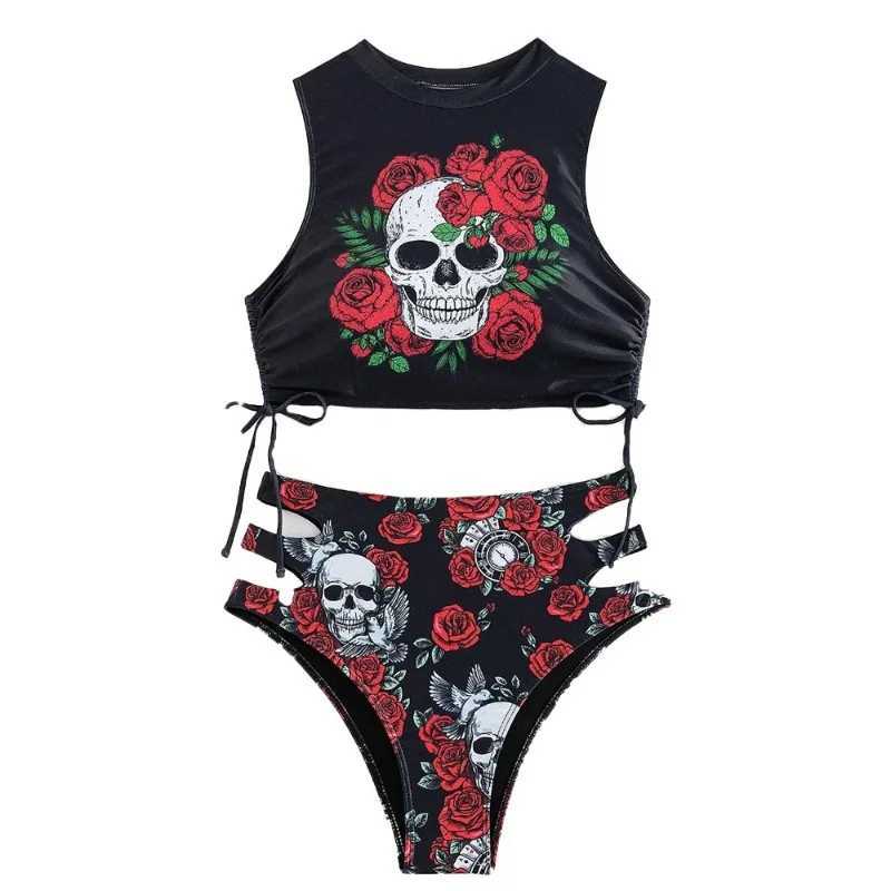 EUropean and American sexy bikini swimsuit new flower skull tight two-piece set cross-border swimsuit womens beachXJ250624