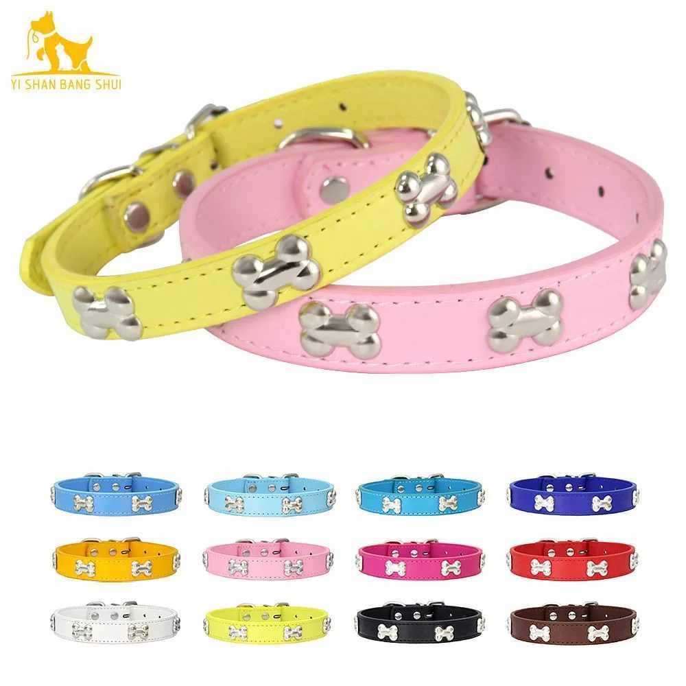 Bone Rivets Leather Dog Collar Colourful Puppy Neck Strap Collar For Small Medium Large Dogs Cat Pug Chihuahua Accessories S-XL R250704