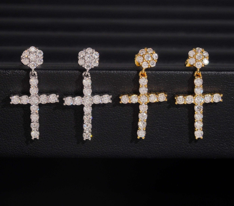Hot Moissnaite Earring Fine Jewelry 925 Sterling Silver Gold Plated Iced Out VVS Diamond Moissanite Cross Hang Drop Earrings