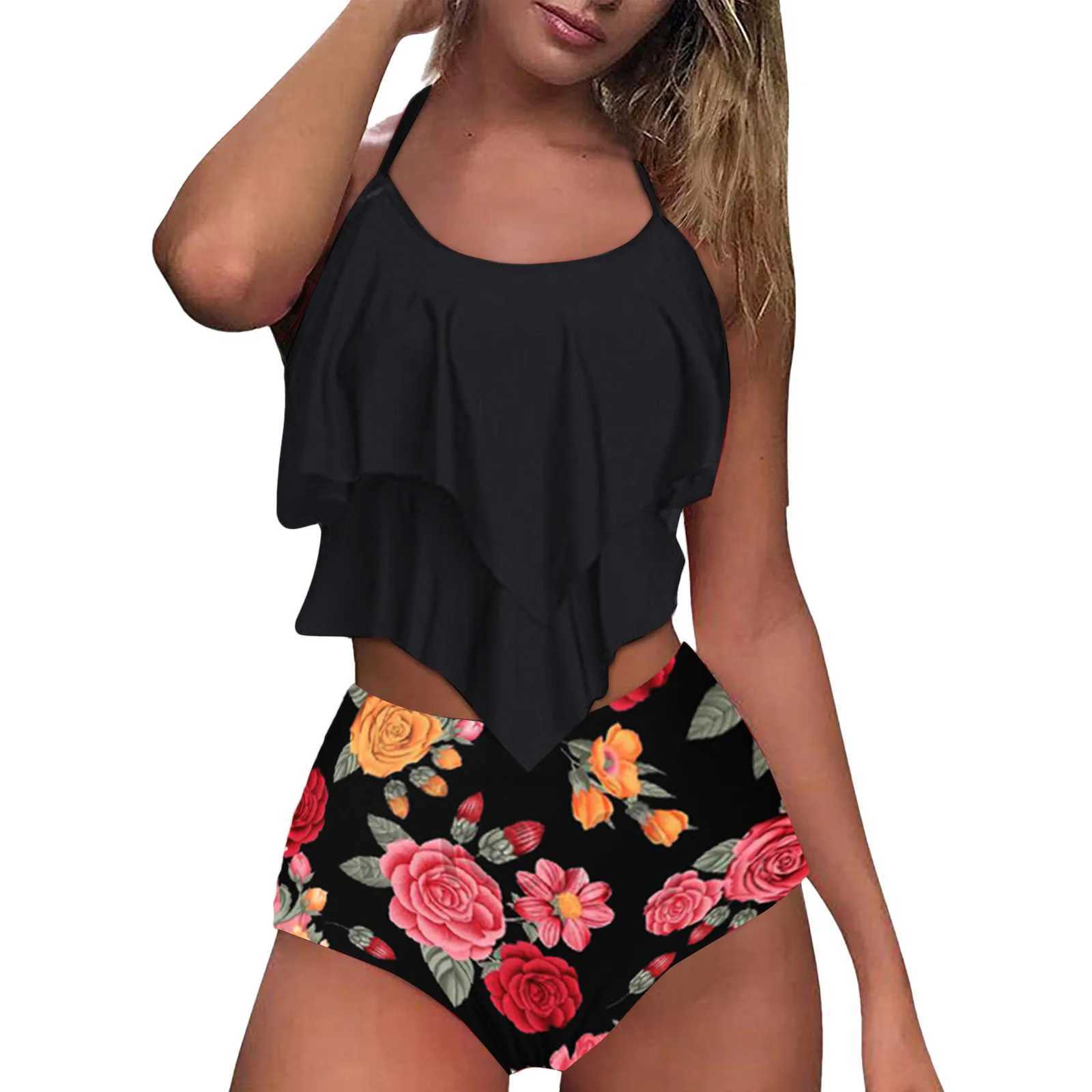 Bikini High Waist Bikini Floral Print Tankini Swimsuit Brazilian Ruffle Swimsuit Large Size Swimwear Women Bathing SuitsXJ250624
