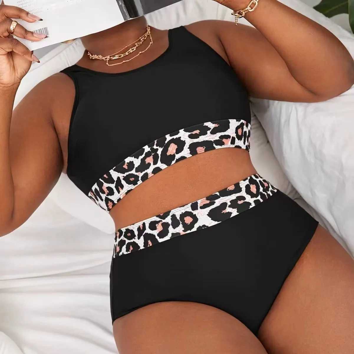 Plus Size 4XL Leopard Print Bikini Set Black Two-Piece High Waisted Swimsuit for Women Tummy Control Bathing Suit Swimsuit XJ250624