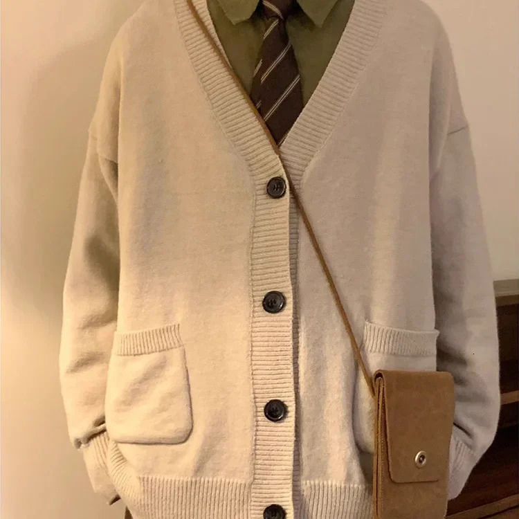 Spring Autumn American Vintage Preppy Style Mens Knitted Cardigan Sweater Loose Fit Top Jacket Casual Crew Neck 250704