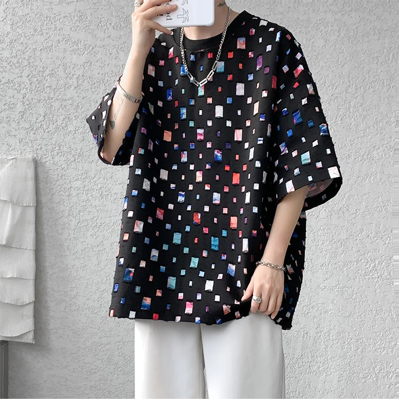 Summer Short Sleeved T-shirt Men Fashion Oversized Plaid T Shirt Men Streetwear Hip Hop Loose Hollow Out Tshirt Mens Large Size 250704