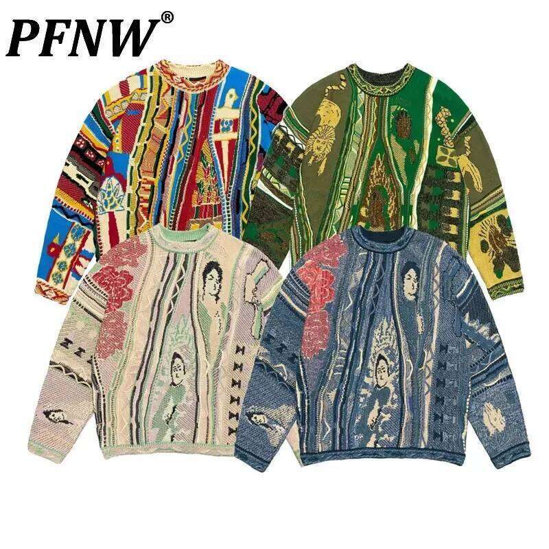 PFNW Men's High Quality Vintage Contrasting Ethnic Style Portrait O-Neck Pullover Sweater Jacquard Big Size Knitted Tops 12C1515 250701 250701