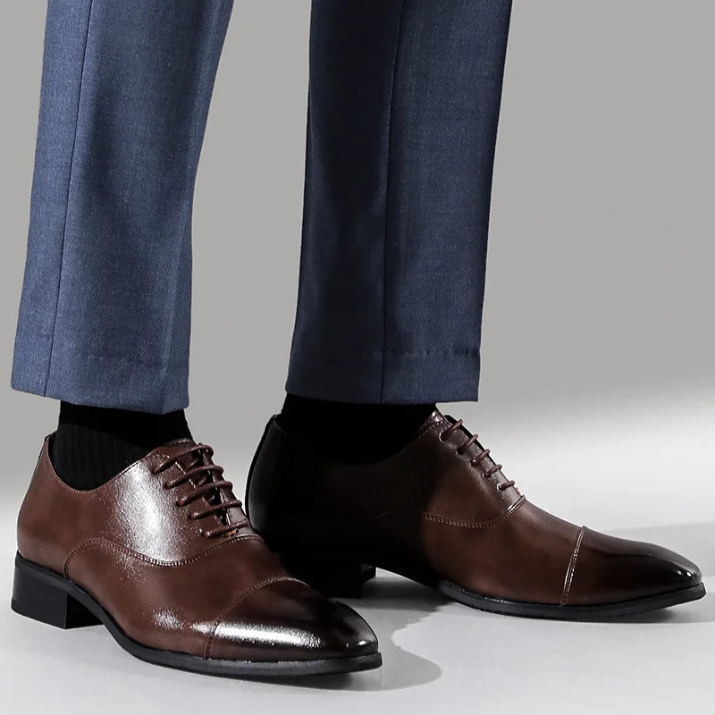 Molianser Men's Leather Oxford Dress Shoes, Brown Wedge Heel Slip-On Business Formal Shoes for Wedding 250704 - view 5