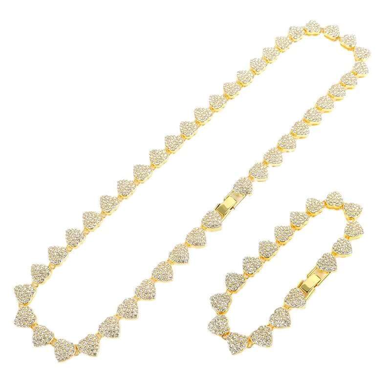 Double Layered Diamond Inlaid Alloy Rhinestone Women Vintage Heart Iced Out Gold 10mm Cuban Link Chain 10mm Necklace