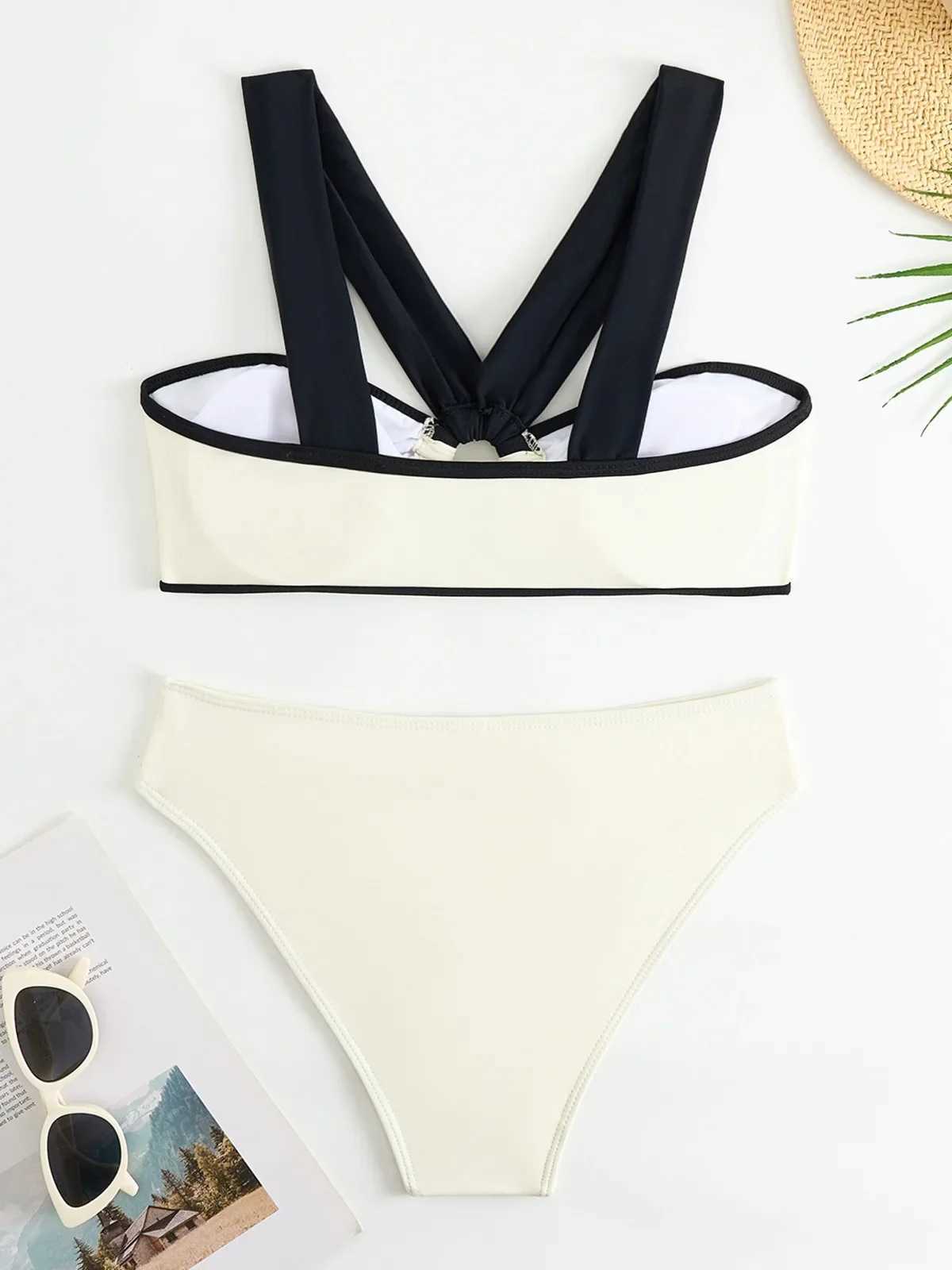 Womens 3-piece Swimsuit for Women Long Sleeve Mesh Long Cover-ups Bikini Set Beige Cross Bandage Backless Beach Swimwear 2024 XJ250624