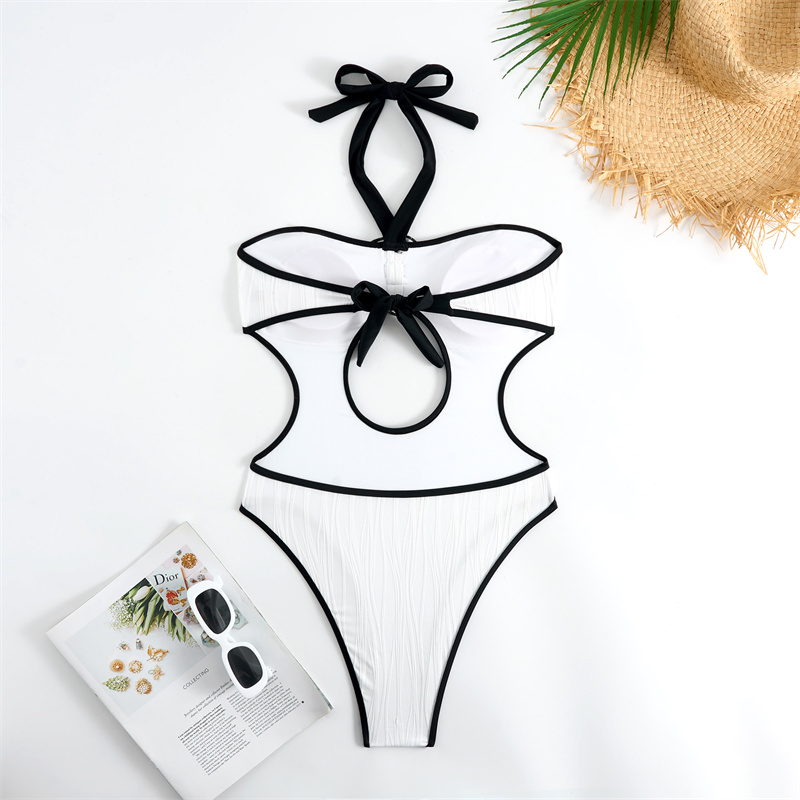 Lanjia- Elegant Halter One Piece Swimsuit, Cut - Rose Embellished Bathing Suit, Black & White Contrast Swimwear Hollow Out Monokini Beachwear E0b62