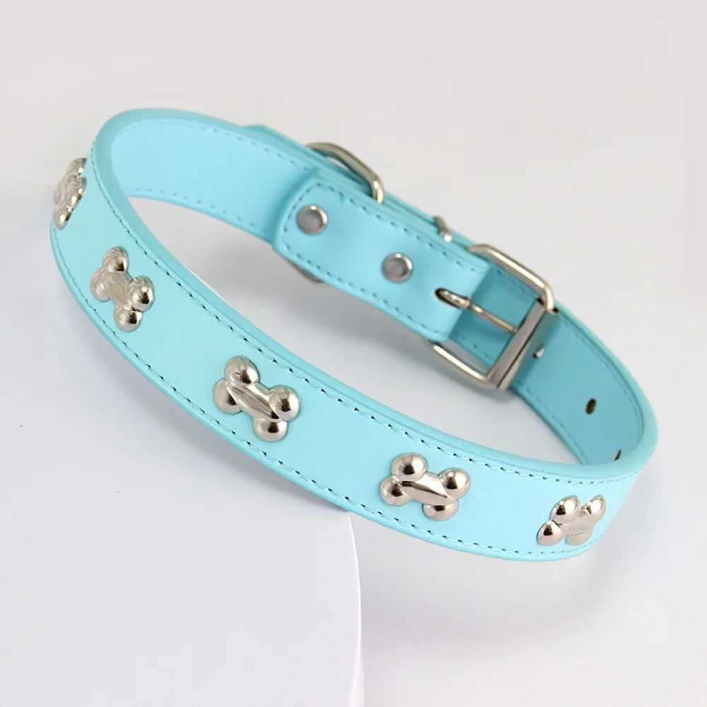 Bone Rivets Leather Dog Collar Colourful Puppy Neck Strap Collar For Small Medium Large Dogs Cat Pug Chihuahua Accessories S-XL R250704