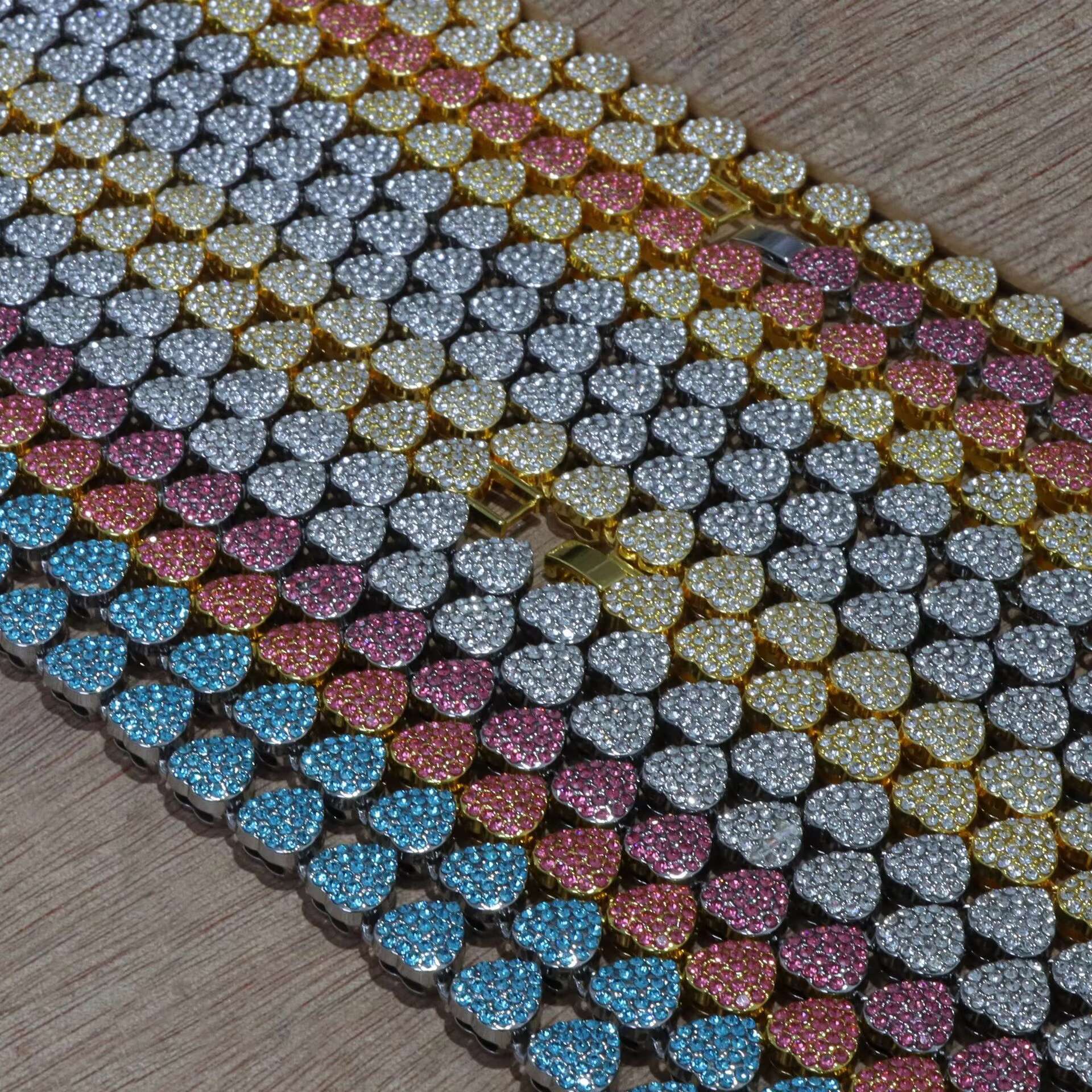 Double Layered Diamond Inlaid Alloy Rhinestone Women Vintage Heart Iced Out Gold 10mm Cuban Link Chain 10mm Necklace