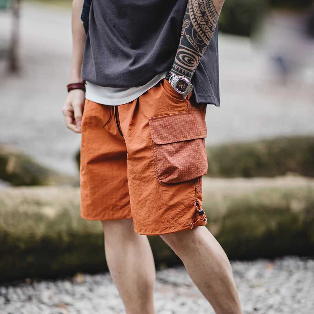 Madon Summer Men Straight Shorts Orange Patchwork Gingham Loose Beach Pants Plus Size Shorts Elastic Waist Light Breathable W250705
