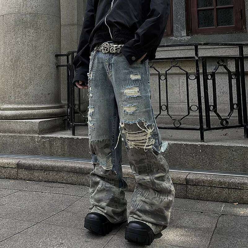 PFNW American High Street Design Camouflage Splicing Destruction Jeans Men's Loose Causal Straightwide Leg Pants Tide 12C1809 250701 250701
