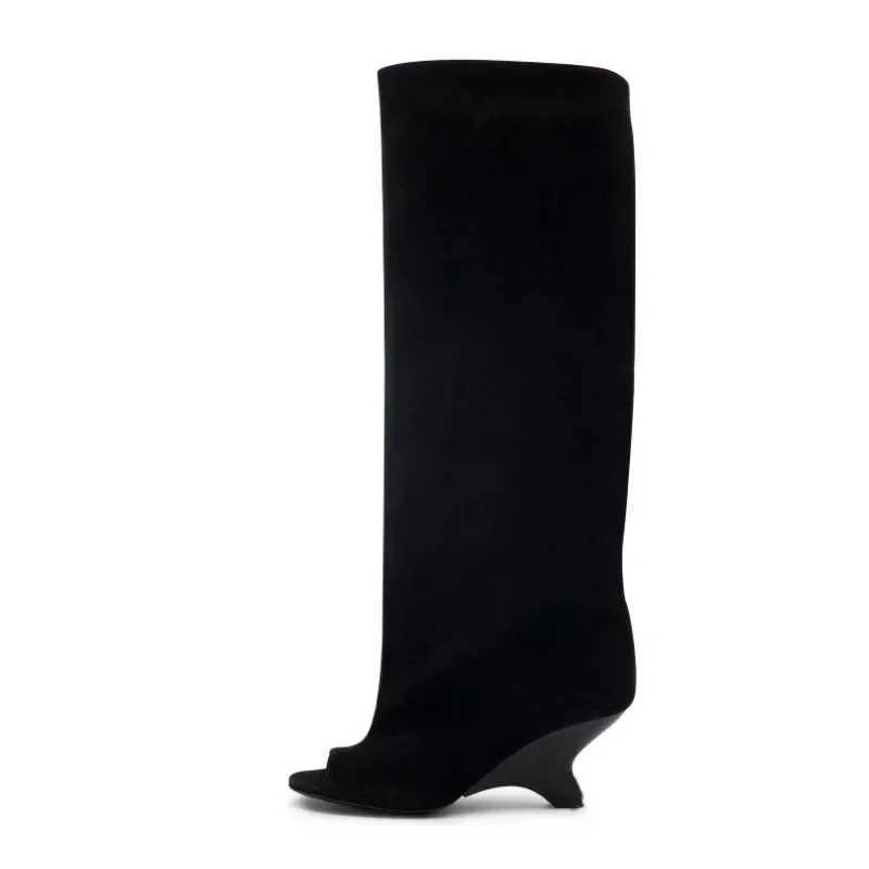 2025 Womens Fish Mouth Thick High Heels Knee Length Cool Boots Slant Heel Fashion Show Large Size Spring/Summer Womens Boots Z250704