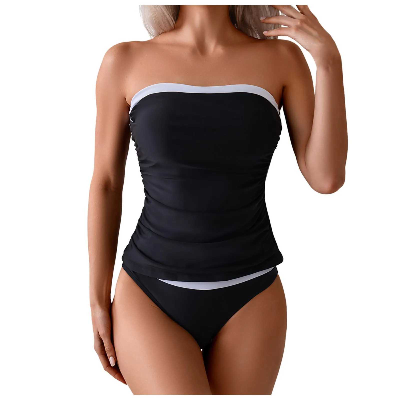 Sexy WomenS Strapless Ruched Bikini Set Fashion Black And White Contrasting Beach Swimsuit Bathing Suit 2025 Summer Trend XJ250624