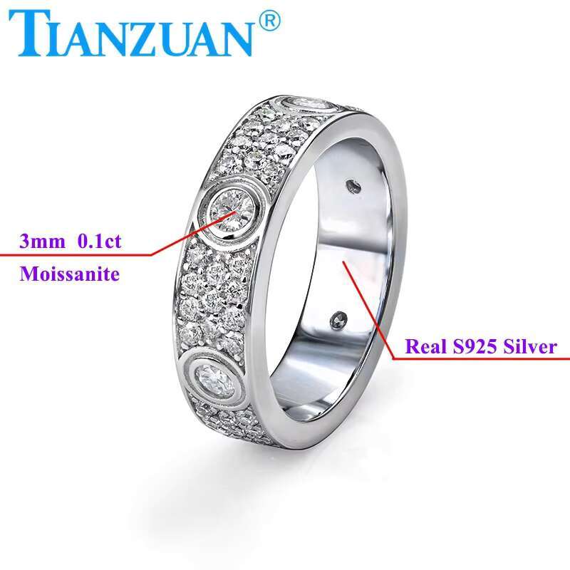 925 Silver Solid Rings Classic Love Three Rows of Luxury Eternity Ring Moissanite Diamond Wedding Engagement Ring Ladies Men