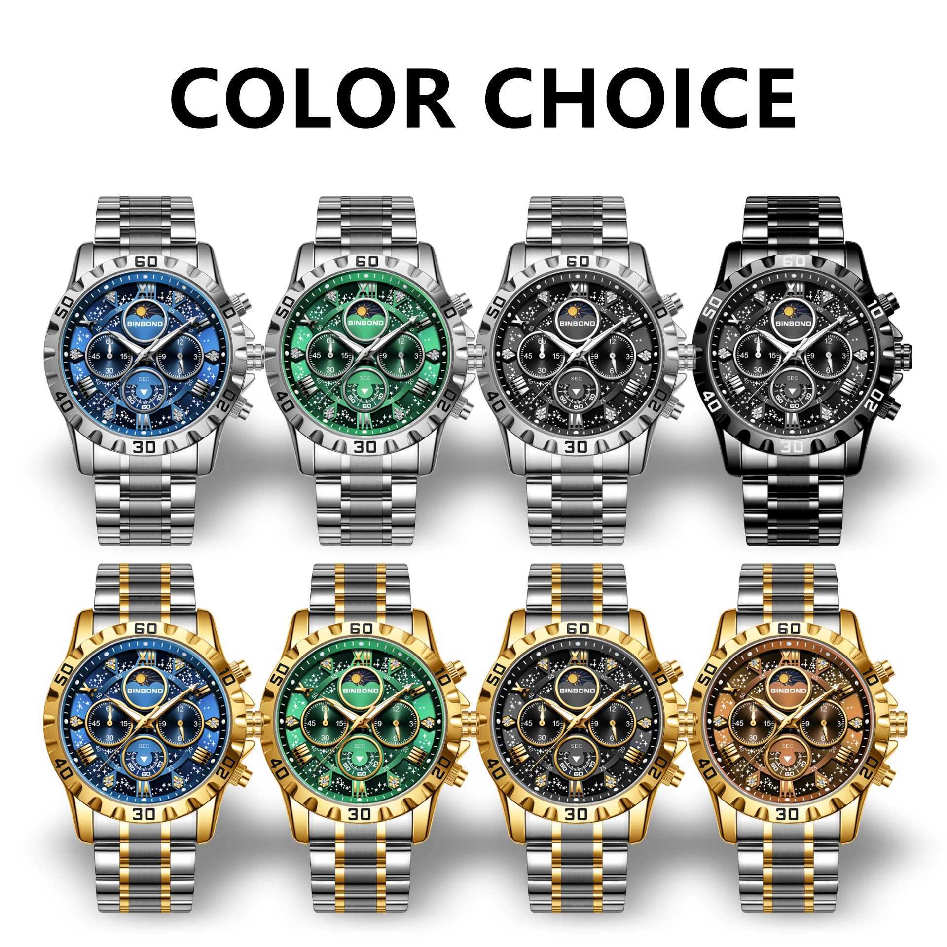 BINBOND Luxury Mens Watches Sports Quartz Wrist Watch for Man Waterproof Stainless Steel Luminous Chronograph Date Moon Phase W250704