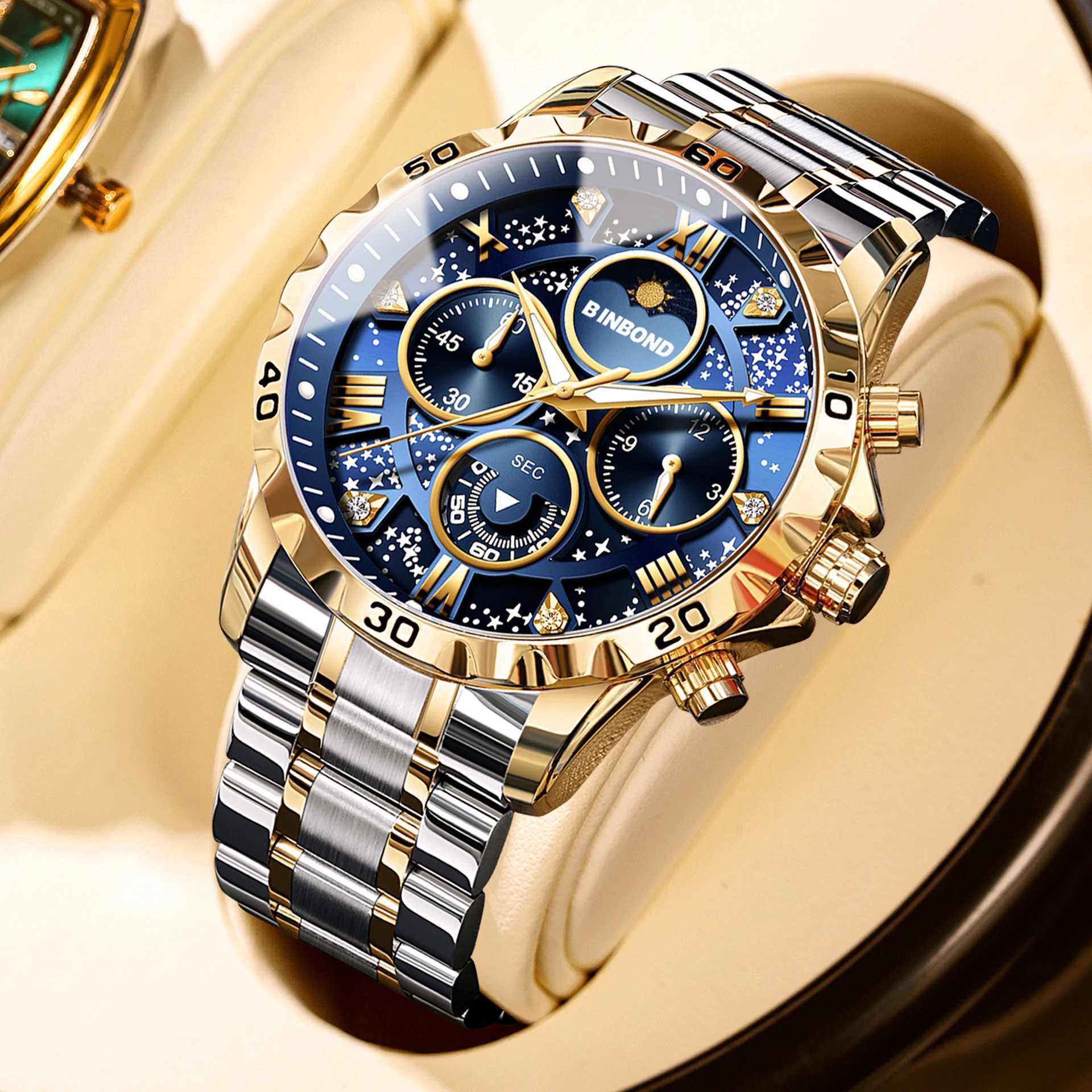 BINBOND Luxury Mens Watches Sports Quartz Wrist Watch for Man Waterproof Stainless Steel Luminous Chronograph Date Moon Phase W250704