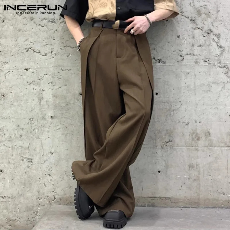 INCERUN Korean Style Mens Trousers Personality Cutting Wide Leg Pantalons Solid Leisure Streetwear Long Pants S-5XL 250704