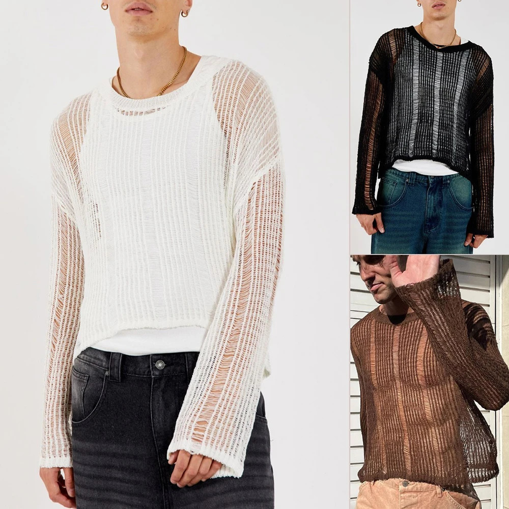 Spring Autumn Sweater T-shirts For Men Elastic Hollow Slinghtly Transparent Long Sleeve Loose Versatile Knitting Tees Tops 250704