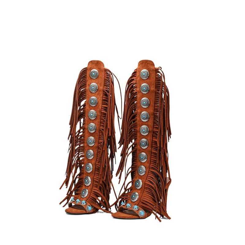 2025 Summer Cow Suede Leather Women Sandals Peep Toe Sexy Lace Up Knee High Shoes Zapatos De Mujer High Heels Z250704