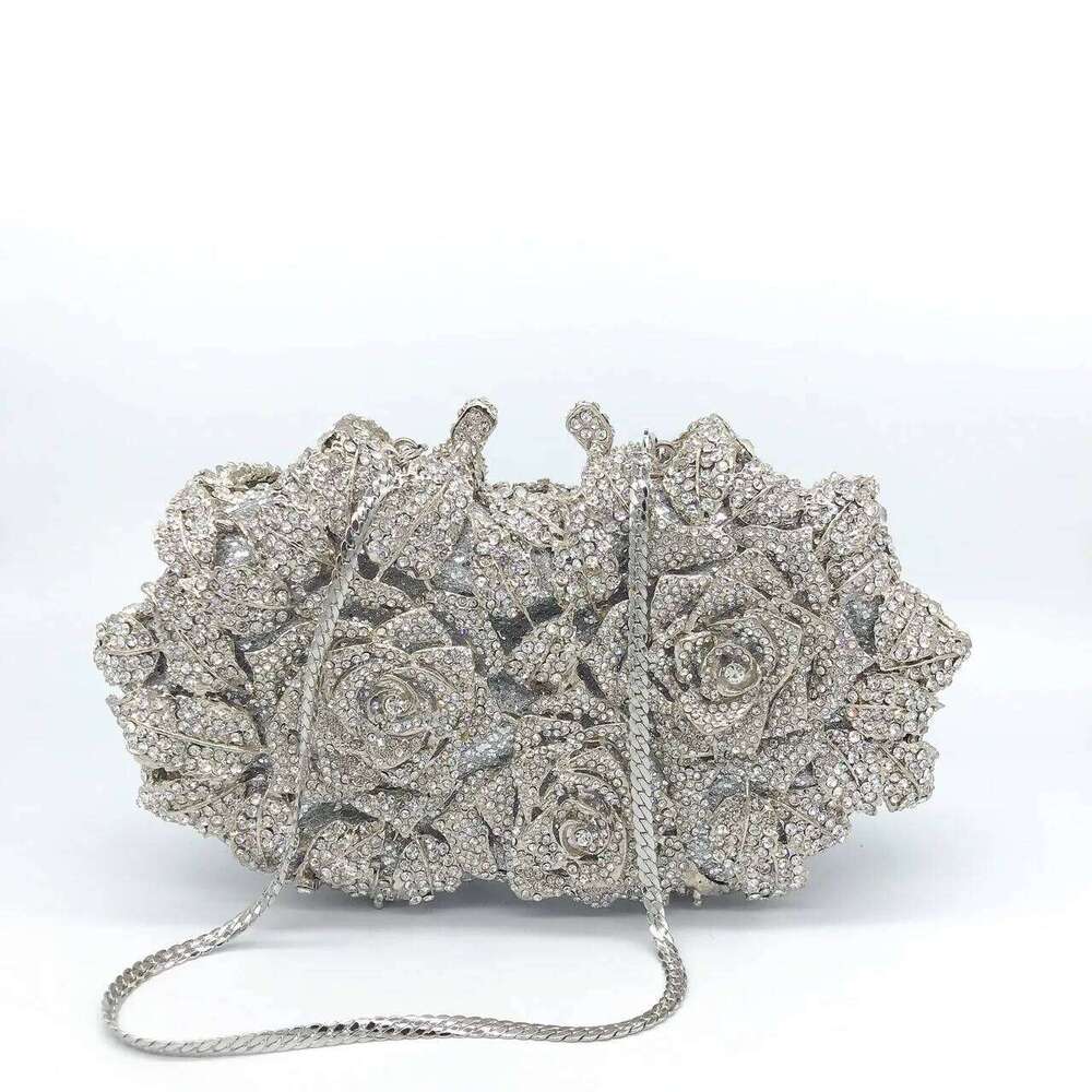 Golden Sier Crystals Evening Fashion Rose Flower Dias Clutch Bags Soiree Purse Women Wedding Bride Handbags