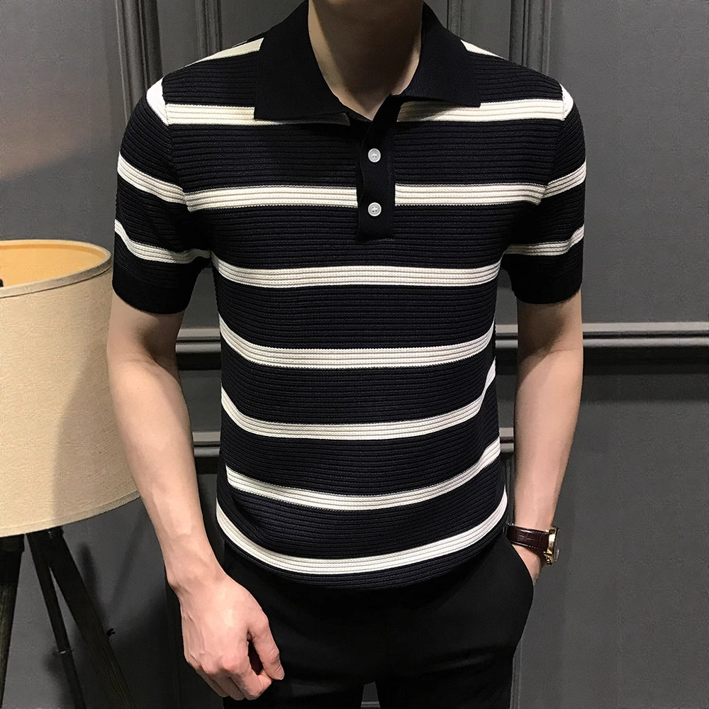 Summer Premium Striped Short Sleeve Polo Shirt Men Fashion Versatile Slim Designer Short Sleeves Fit Turn-down Collar T-shirt Trendy Business Cool Tee