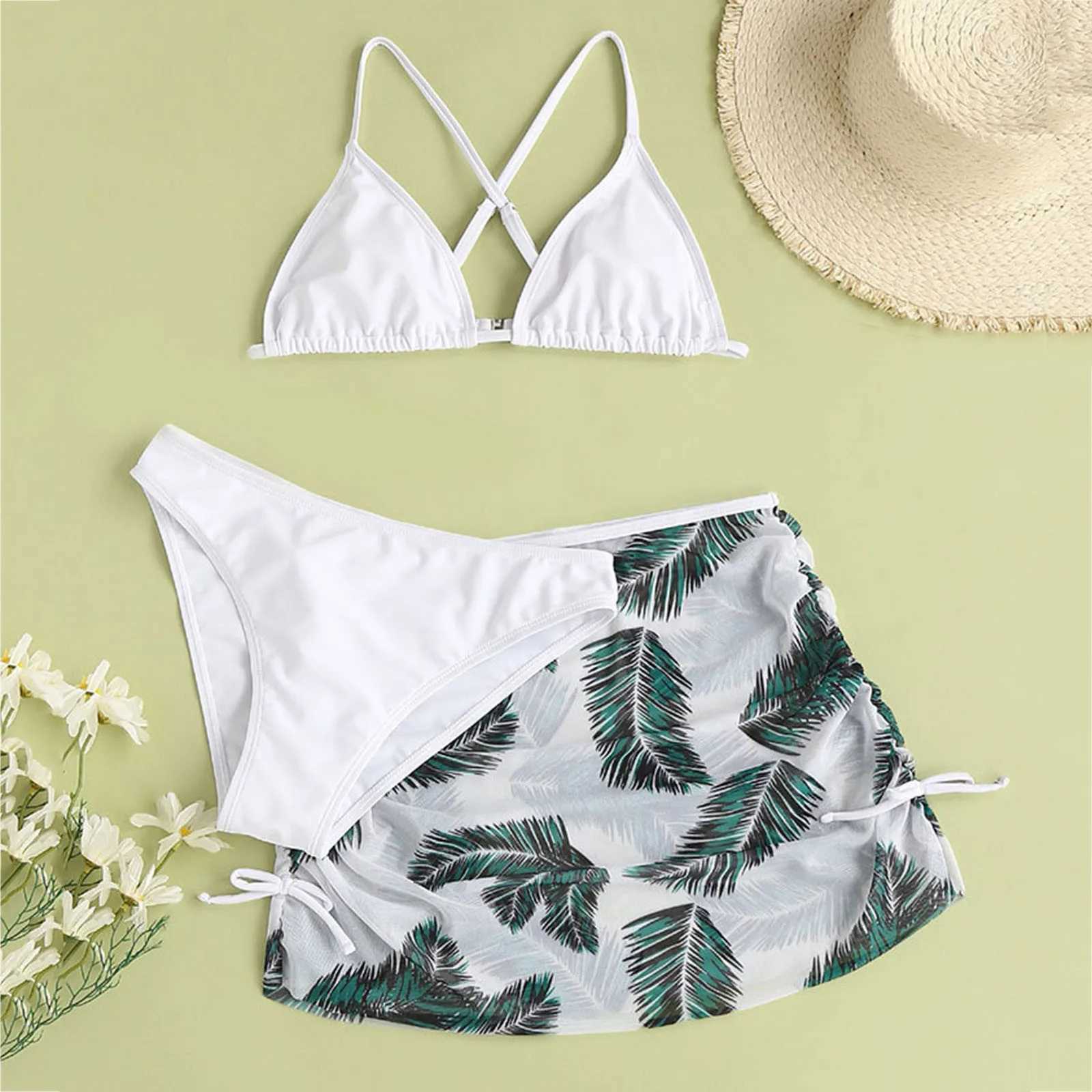 Kids Child Girls 3 Piece Swimsuits Bathing Suit Solid Bikini Top Underpants Leaf Print Skirt Summer Swimwear Beachwear Swim Suit XJ250624