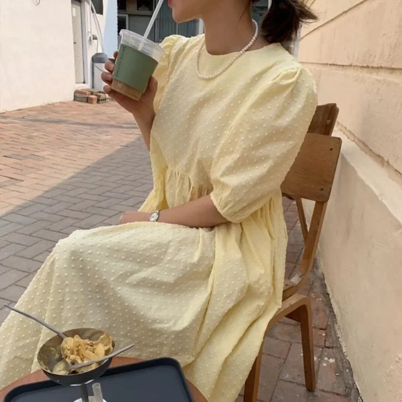 Women Long Dress Summer Casual O-neck Puff-Sleeve Party Dresses Dots Elegant Female Ladies Loose Vestidos Femme 9941 250704