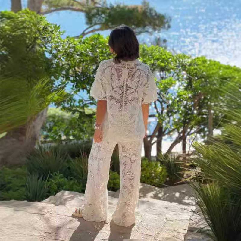 Fashion Evening Dress Summer New and Style Casual Lapel Hollow Out Top and Pants Set