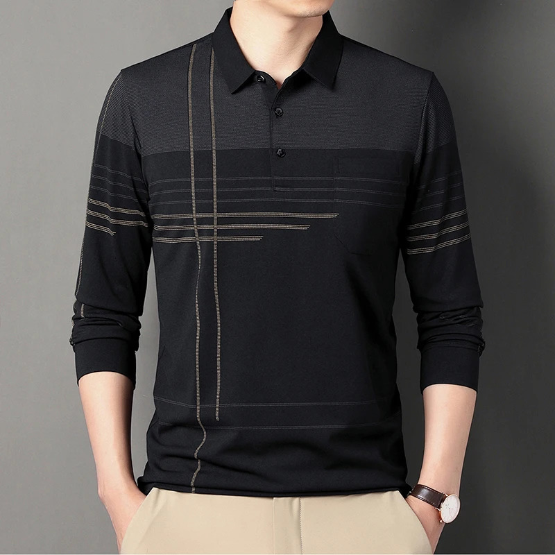 Men Long Sleeve Golf Shirt Button Business Polo Shirt Lapel Casual T-Shirt 250704