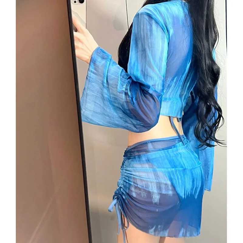 4 Piece Bikini Set Women Blue Tie Dye Mesh Long Sleeve Cover Up with Pleated Skirt Swimsuit Beach Bathing Suit Swimwear XJ250624