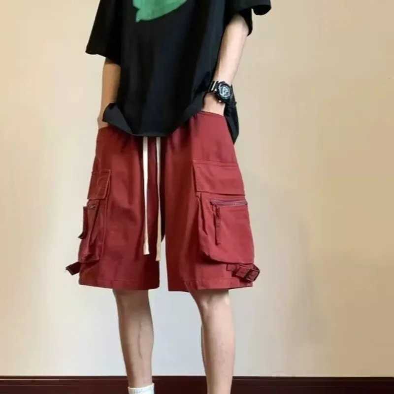 Loose Mens Bermuda Cargo Shorts with Draw String Short Pants for Men Elastic Waist Red Clothes Casual Distressed Beautiful Y2k W250705