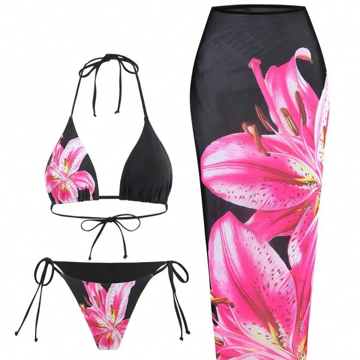 Sexy High-Waist Quick-Dry Triangle Cup Bikini Three-Piece Set Swimwear Womens New 2025 Printed Long Skirt Sportswear XJ250624