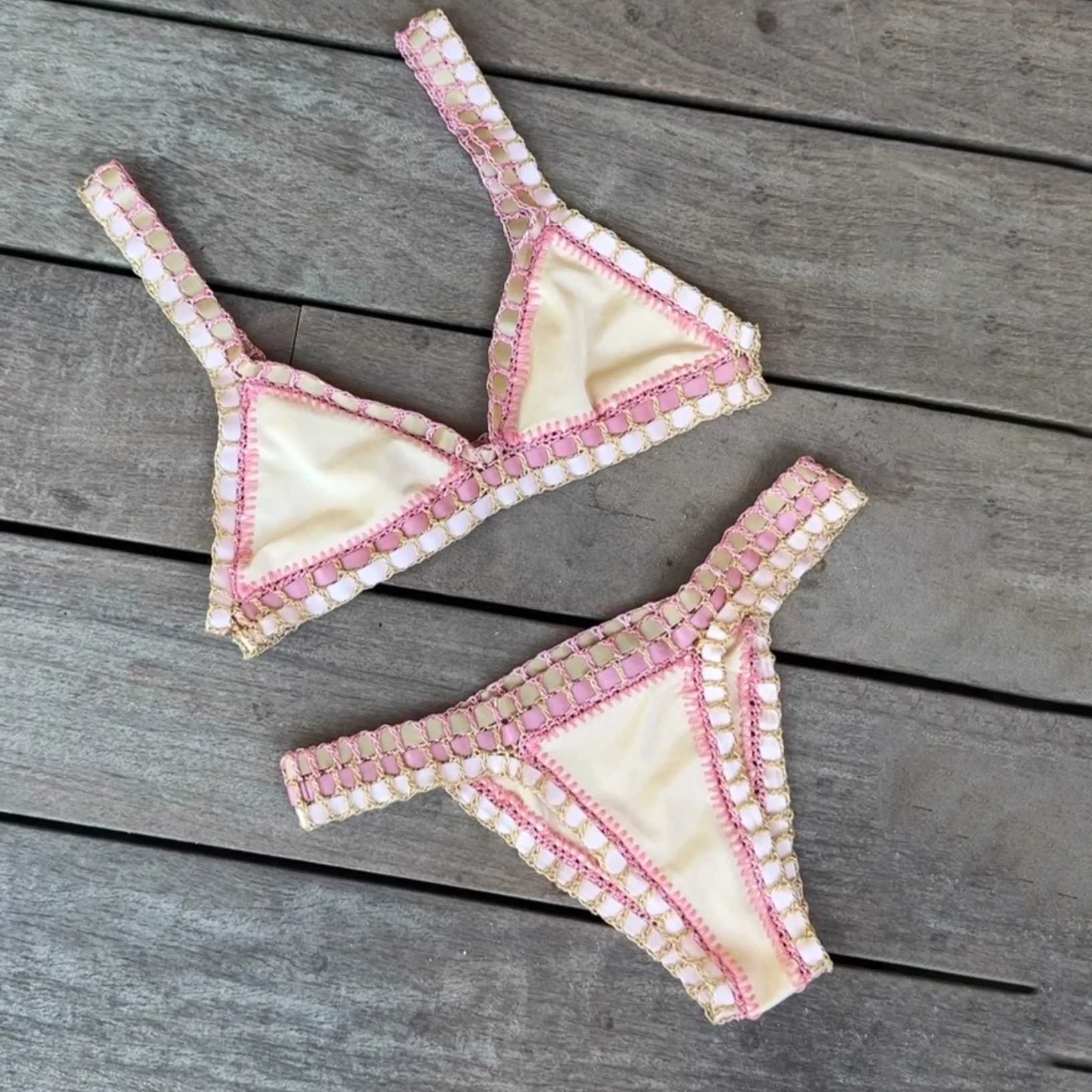 Pink Crochet Bikini 2025 Sexy Women Swimsuit Female Swimwear Micro Bikini Set Bandeau Swimming Suit Beachwear Brazilian Biquini XJ250624