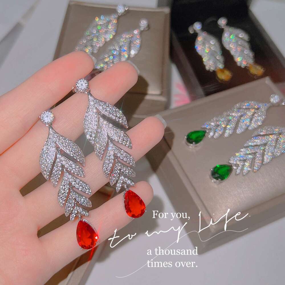 Micro Pave Full Dia Style New Water Colorful Gem Large Leaf Elegant Women's Drop Earrings 953