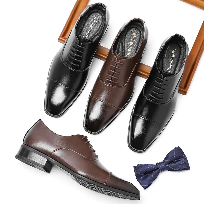Molianser Men's Leather Oxford Dress Shoes, Brown Wedge Heel Slip-On Business Formal Shoes for Wedding 250704 - view 3