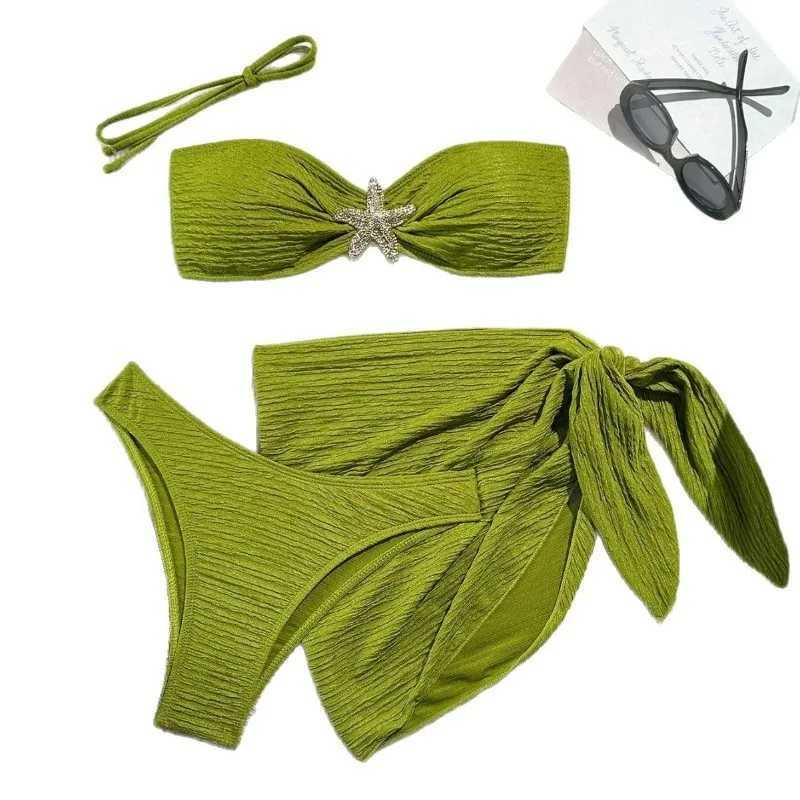 Two-piece swimsuits with a feminine touch off-the-shoulder style and a popular three-piece bikini swimsuit for women XJ250624