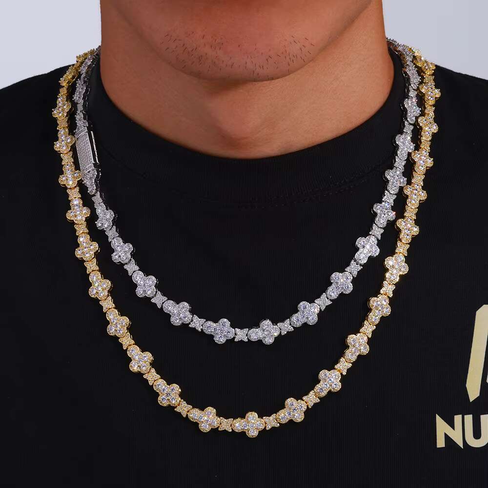 HipHop Iced Out Jewelry New Style Shiny Diamond Cross Link Chain Women Full Pave Moissanite Gold Plated Flower Chain Choker Necklace