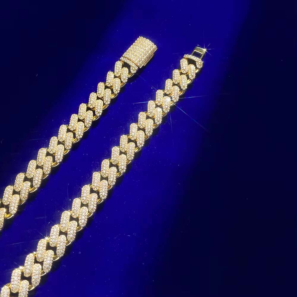 Hip Hop Classic Gold Plated 925 Silver Cuban Link Chain Necklace Iced Out VVS Moissanite Diamond for Men