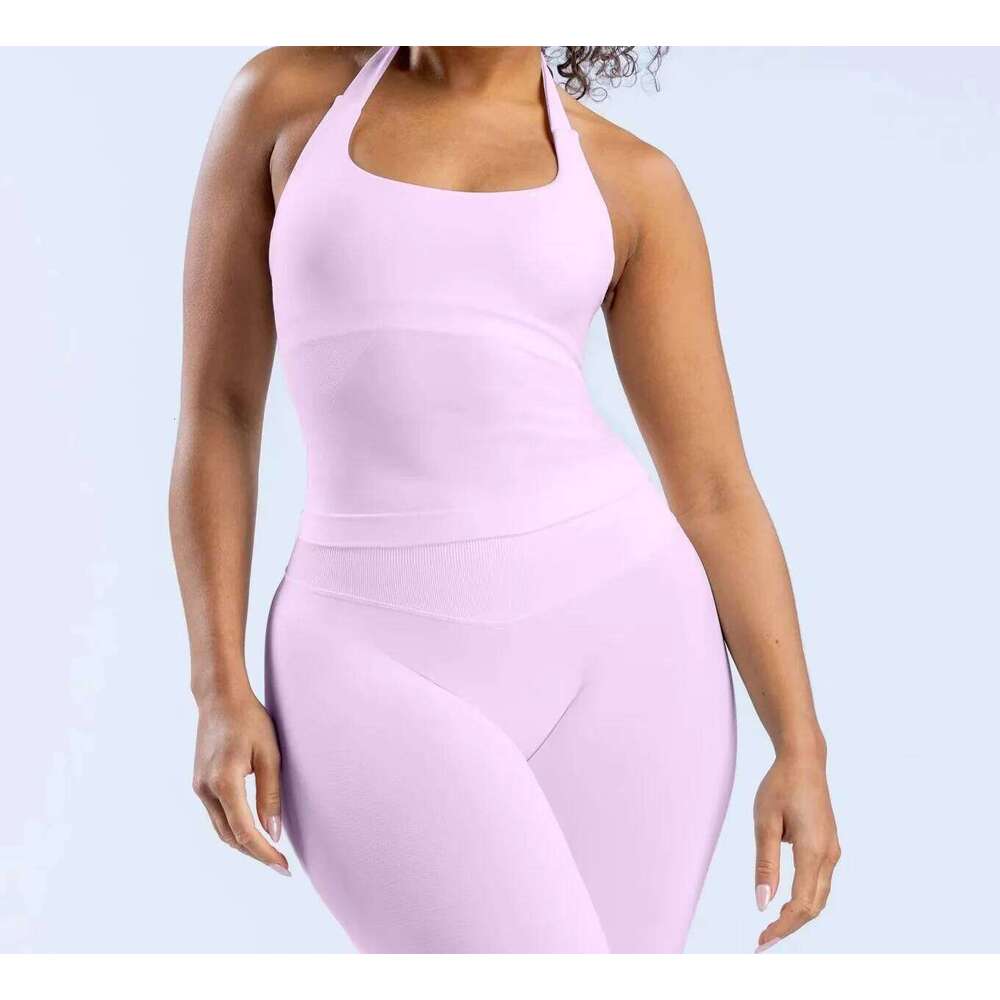 2 Pieces Impact Sports Set Women Backless Halter Tops High Waist Seamless Hight Stretch Shorts Gym Suit Sportswear Workout Sets