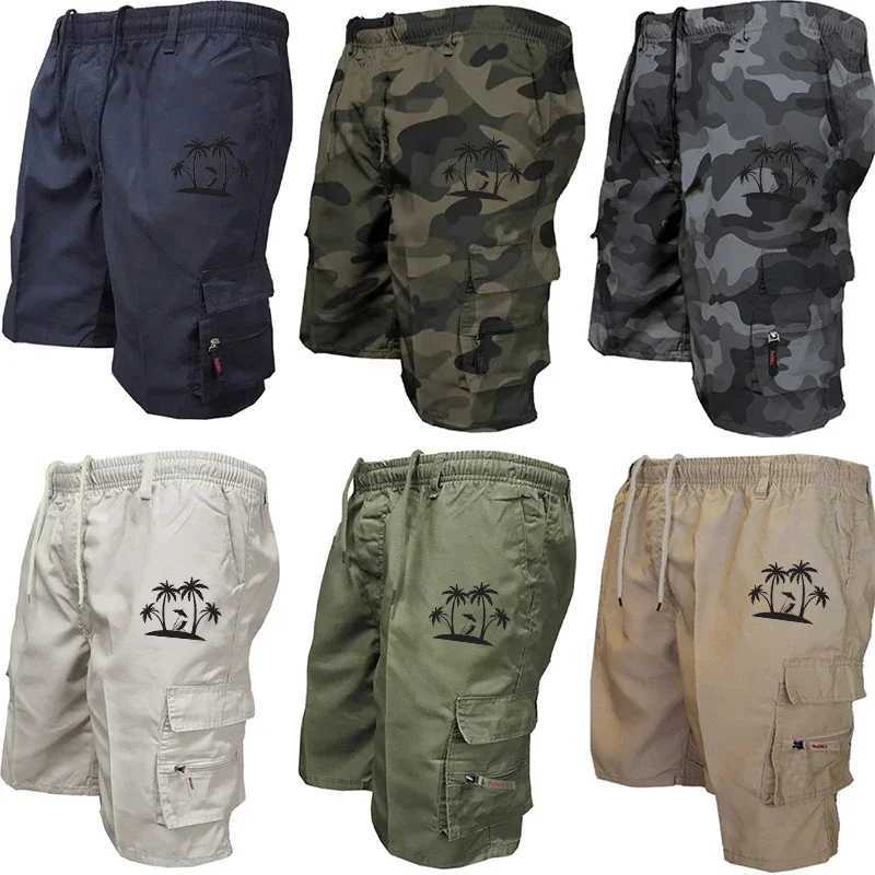 Solid Black Cargo Shorts Men Multi Pocket Drawstring Waist Summer Outdoor Casual Tactical Army Style Short Pants Khaki Fabric W250705