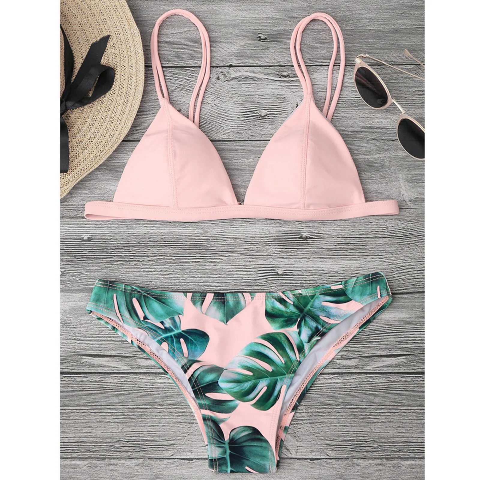 Leaves Print Bikini Set For Women Swimwear 2024 Padded Push-Up Beachwear Bather Bathing Set Beachwear Summer Bikini Set Femme XJ250624