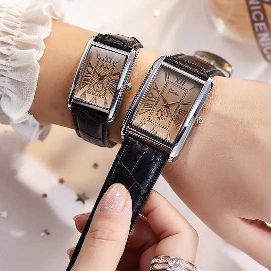 Fashion Couple Watch Luxury Rectangle Dial Women Quartz Watch Men Leather Band Casual Women Leather Wristwatch Mens Watch W250704