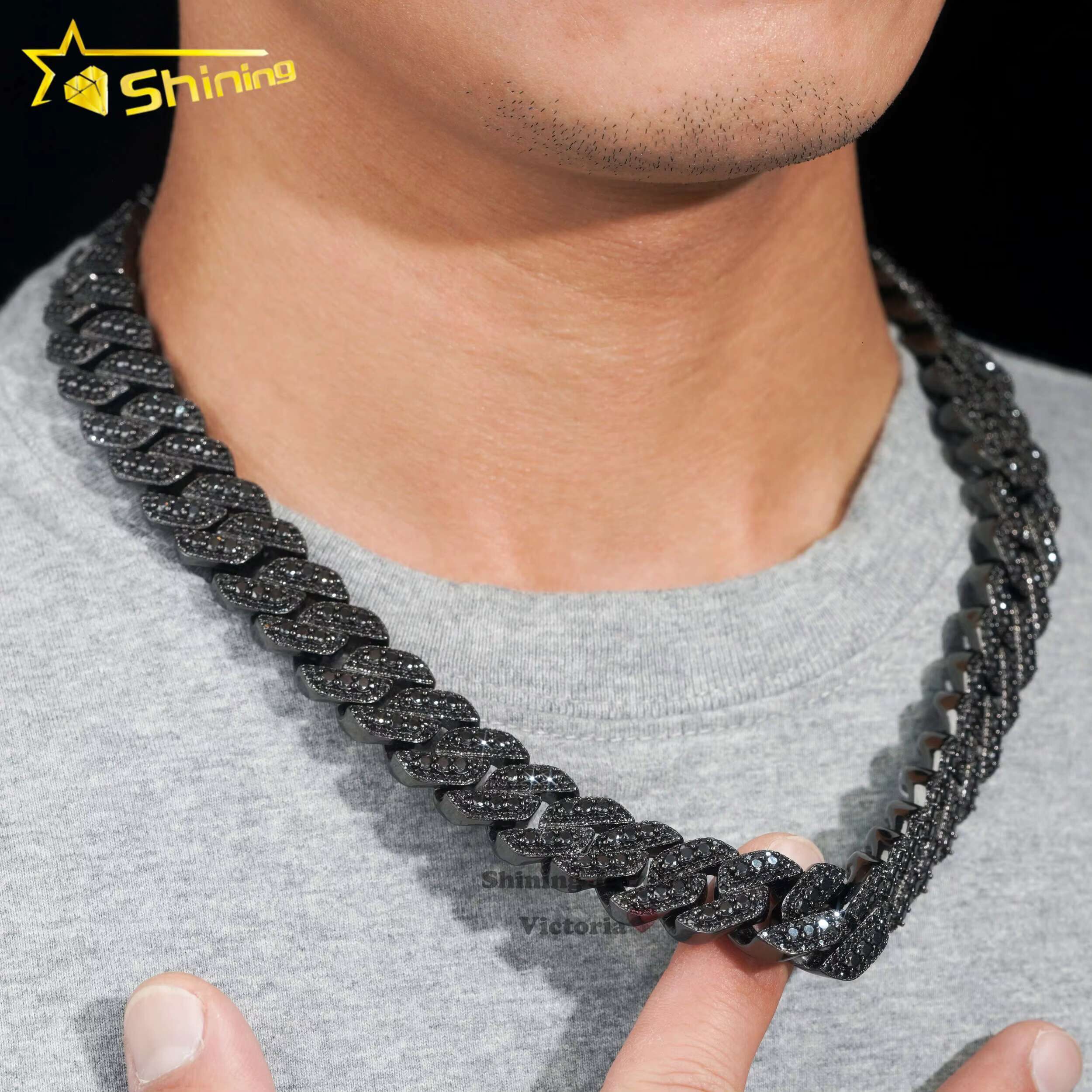 Thickness Big Hiphop Cuban Chain 925 Sterling Silver Black Gold Plated 18mm Moissanite Black Cuban Link Chain