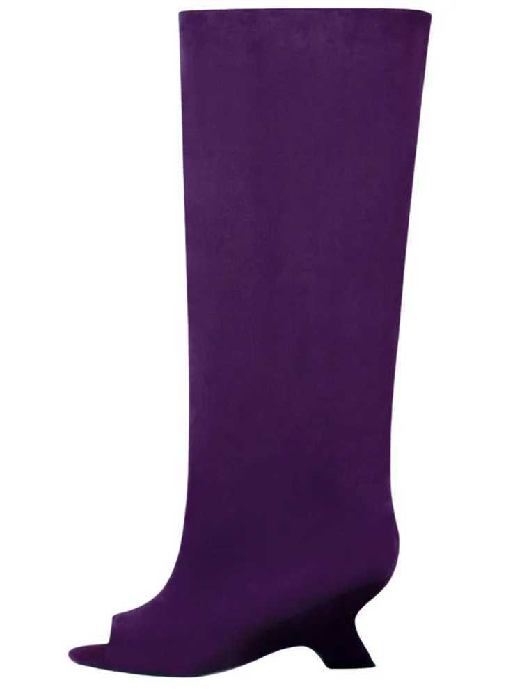 2025 Womens Fish Mouth Thick High Heels Knee Length Cool Boots Slant Heel Fashion Show Large Size Spring/Summer Womens Boots Z250704