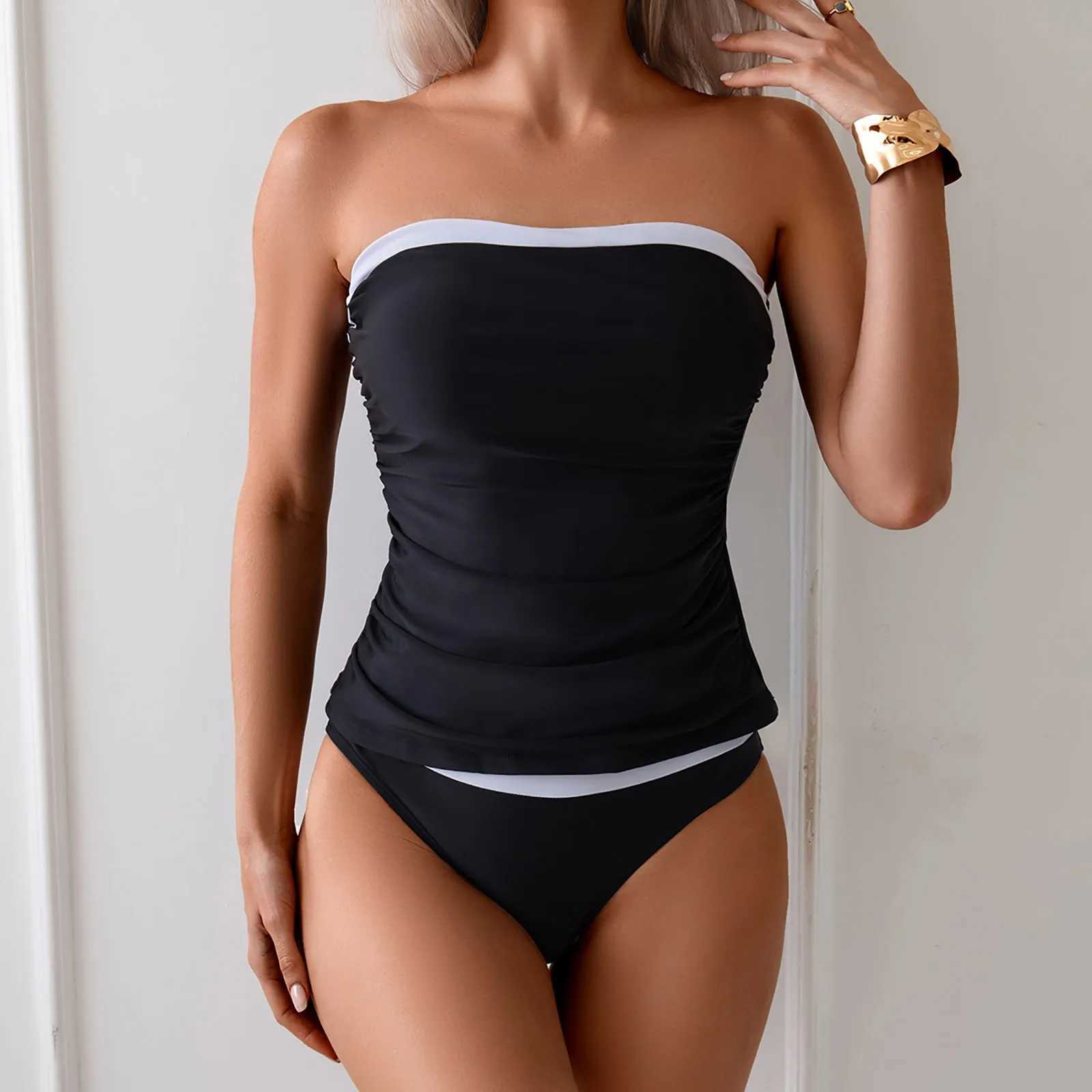 Sexy WomenS Strapless Ruched Bikini Set Fashion Black And White Contrasting Beach Swimsuit Bathing Suit 2025 Summer Trend XJ250624