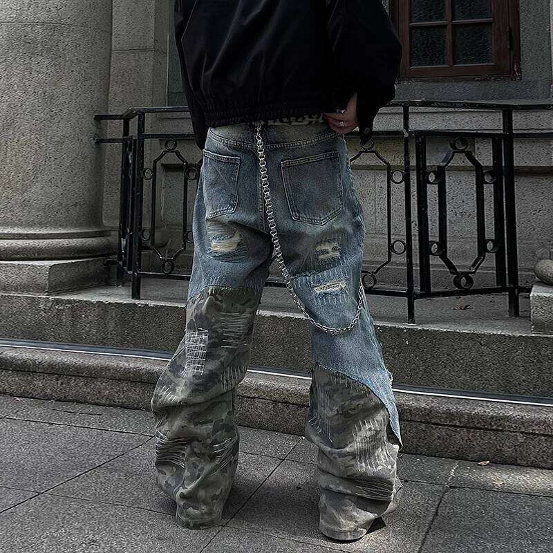PFNW American High Street Design Camouflage Splicing Destruction Jeans Men's Loose Causal Straightwide Leg Pants Tide 12C1809 250701 250701