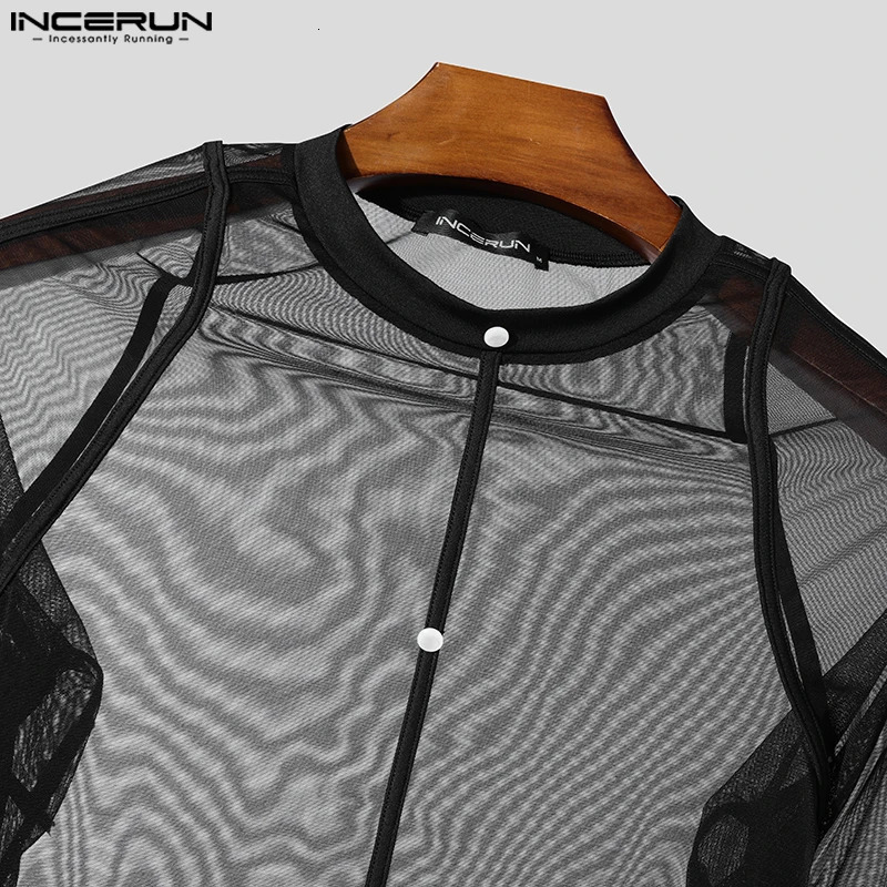 Fashion Clubwear Style Tops INCERUN Men Tight Fitting Contrast Splicing T-shirt Sexy See-through Mesh Thin Long Sleeved Camiseta 250704